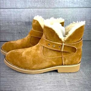 Morgan Taylor Size 7 chestnut suede ankle harness wool lined boots. NWT.